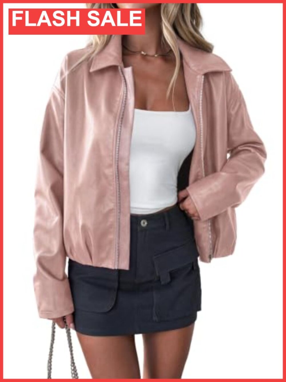 Faux Leather Motorcycle Jacket Cropped Zip Up Fall Coat